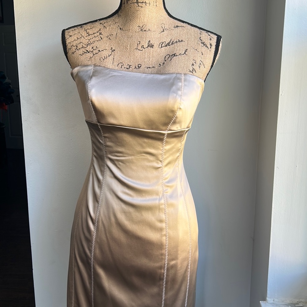 Bebe, MED.satin bodycon spandex, slim,sexy tube dress.  Tea color